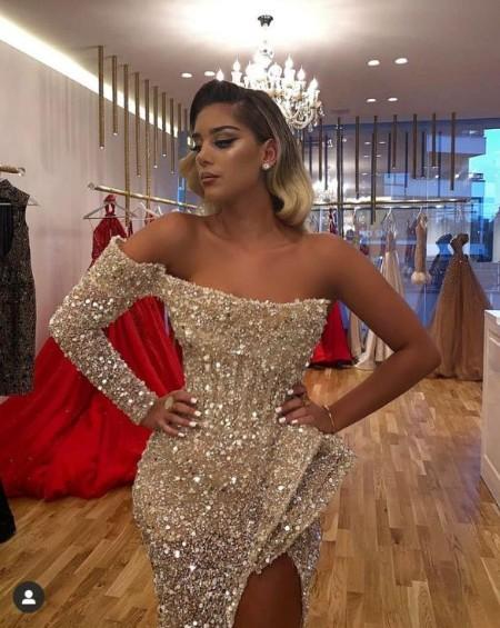One Shoulder Long Sleevess Sequins Beadings Prom Dress Mermaid With Slit
