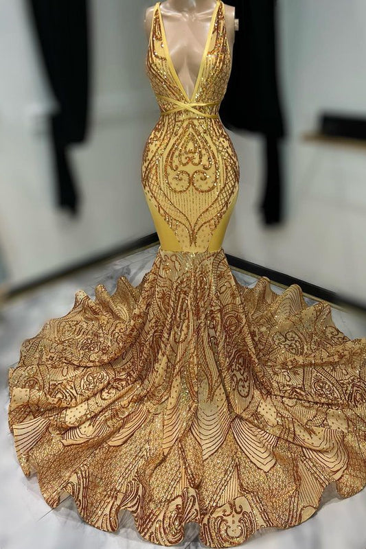 Classy Gold V-Neck Sequins Prom Dress Mermaid Sleeveless Long