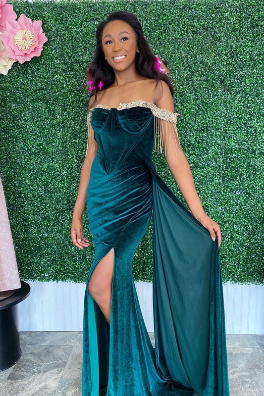 Classic Off-the-Shoulder Prom Dress Mermaid  Velvet With Beads Tassels