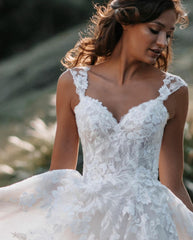 Elegant A-line Long Wedding Dress with V-neck and Backless Tulle Lace