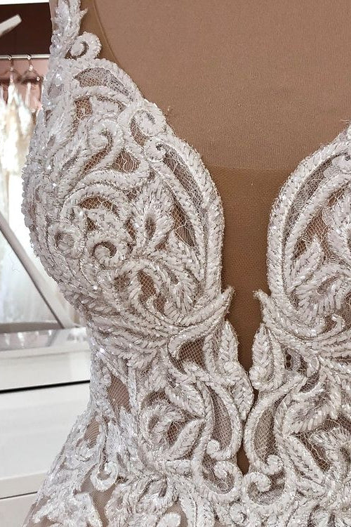 Elegant A-Line Wedding Dress with Sequins, Lace, and Tulle Appliques on Spaghetti Straps