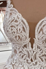 Elegant A-Line Wedding Dress with Sequins, Lace, and Tulle Appliques on Spaghetti Straps