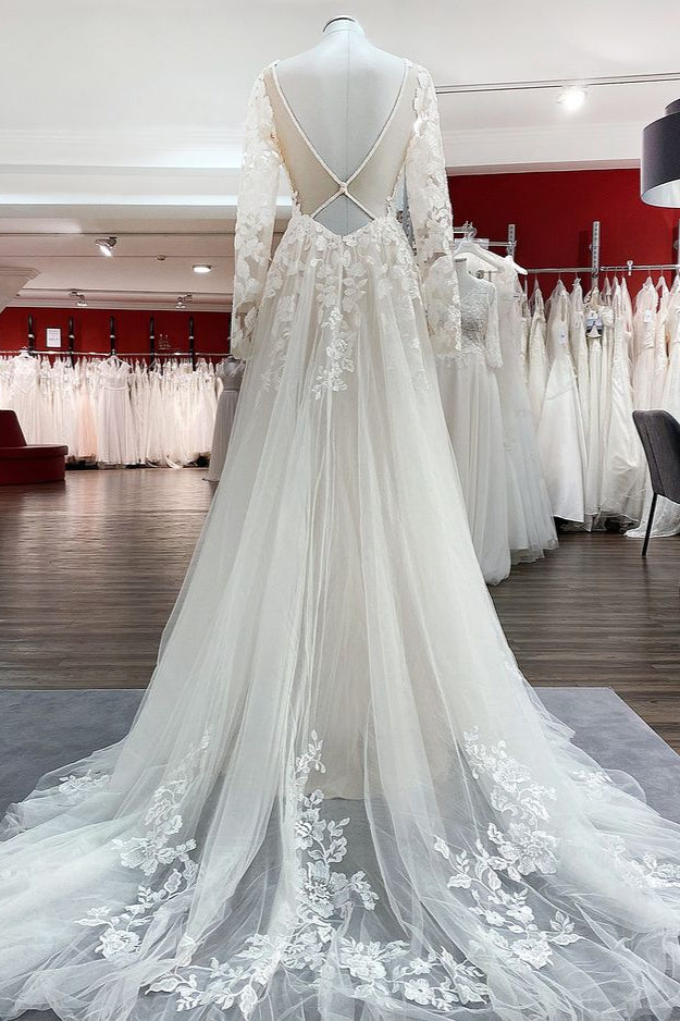 Elegant Ivory A-line Wedding Dress with Long Lace Sleeves and Open Back Tulle Details