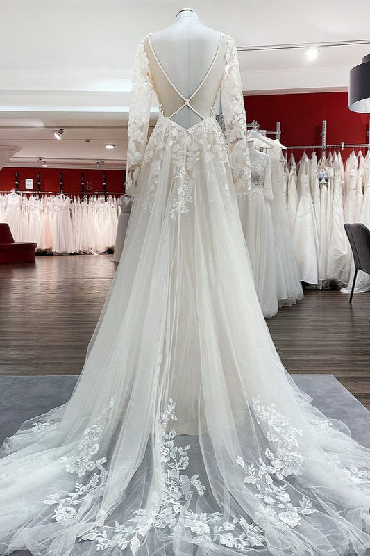 Elegant Ivory A-line Wedding Dress with Long Lace Sleeves and Open Back Tulle Details