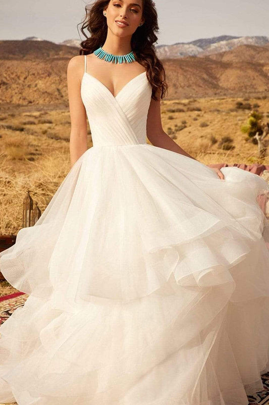 V-neck A-line Wedding Dress with Elegant Ruffles, Spaghetti Straps, and Tulle Backless Design