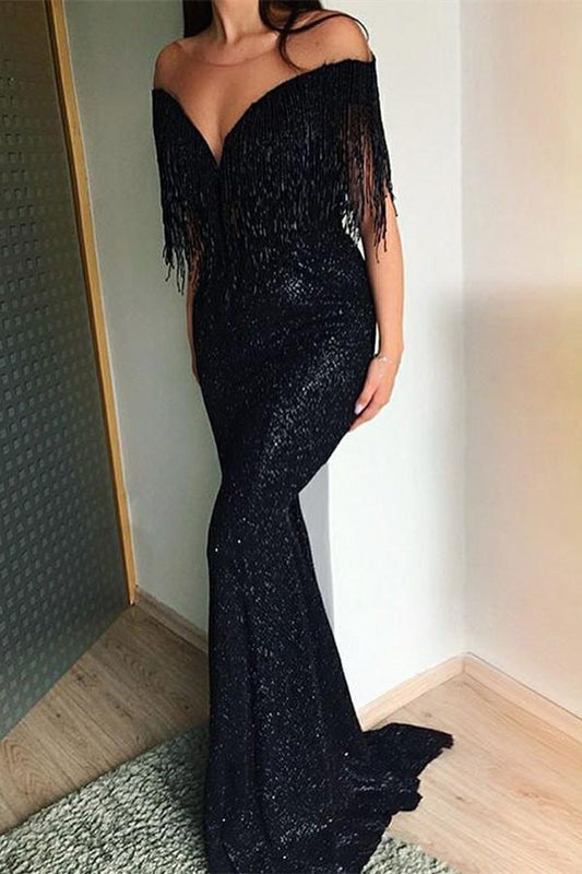 Black Sequins Tassles Mermaid Prom Dress