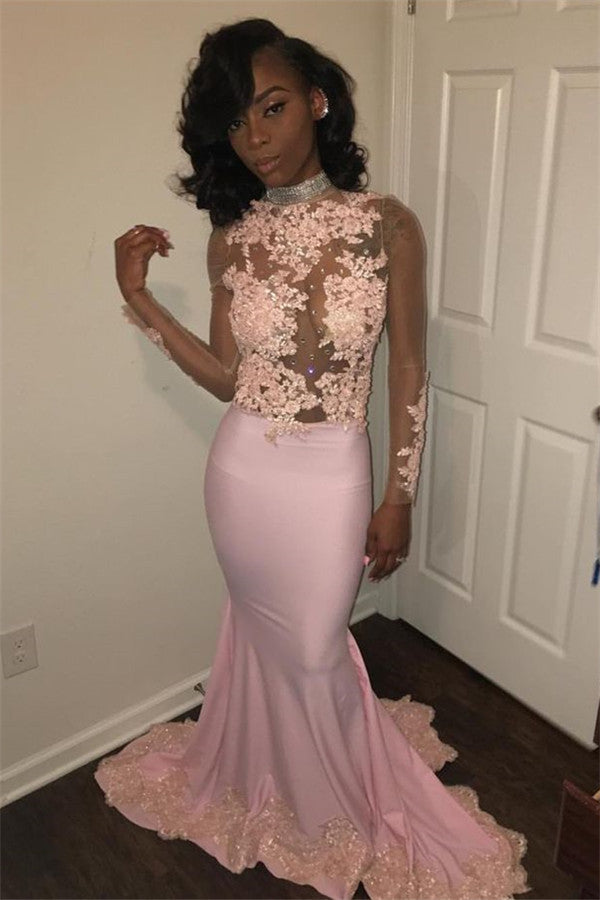 Gorgeous High Neck Long Sleeves Pink Prom Dress Lace Appliques Mermaid Party Gowns