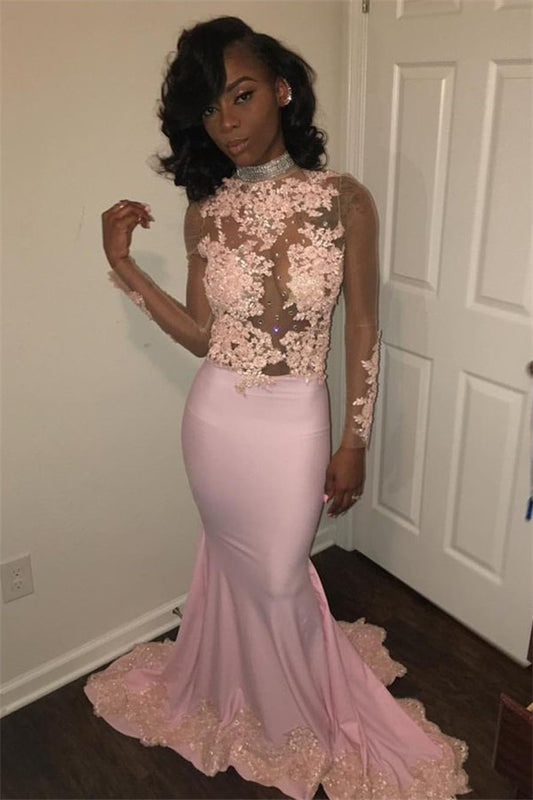 Gorgeous High Neck Long Sleeves Pink Prom Dress Lace Appliques Mermaid Party Gowns