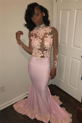 Gorgeous High Neck Long Sleeves Pink Prom Dress Lace Appliques Mermaid Party Gowns