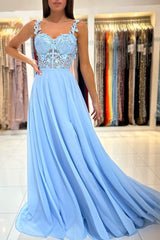 Baby Blue Sweetheart A Line Lace Long Prom Dress With Slit