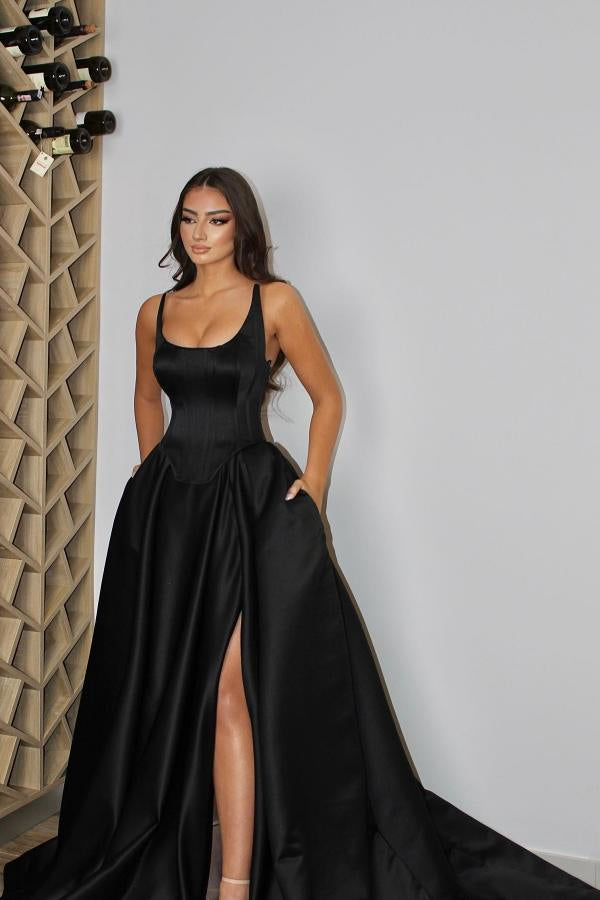 Gorgeous Black A-Line Prom Dress With Split Pockets On Sale