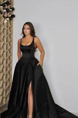 Gorgeous Black A-Line Prom Dress With Split Pockets On Sale