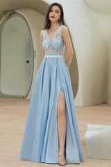 New Arrival Sky Blue Sleeveless V-Neck Prom Dress Long With Lace Appliques Split