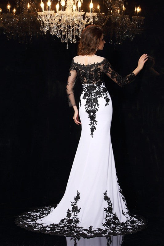 Elegant Long Sleeves Mermaid Prom Dress Appliques Off-the-Shoulder