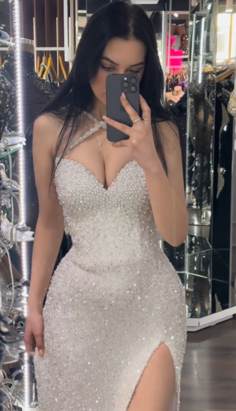 New Arrival White Halter Pearls Prom Dress Mermaid High Split With Sequins