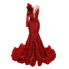 Classic One Shoulder Long Sleeves Prom Dress Mermaid Sequins With Ruffles