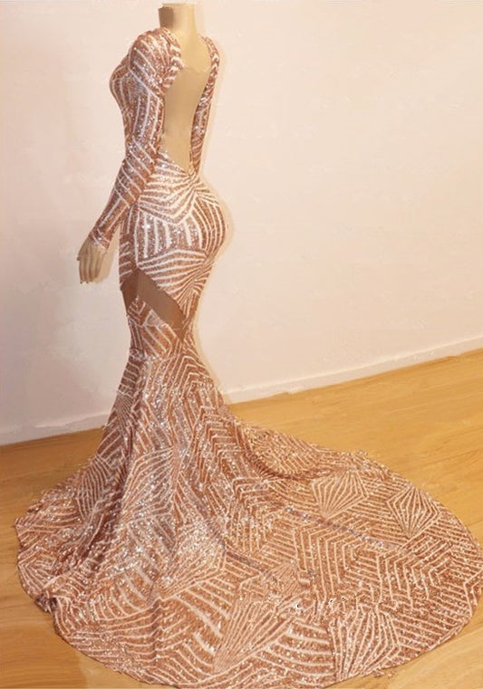 Charming Long Sleevess V-Neck Shinning Sequined Prom Dress Mermaid Long