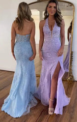 Blue Mermaid Prom Dress Halter V Neck with Split