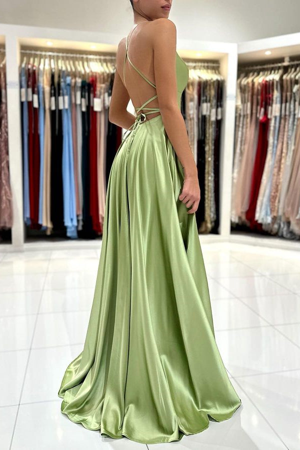 Amazing Sage Green Sleeveless Prom Dress Long Split Spaghetti-Straps