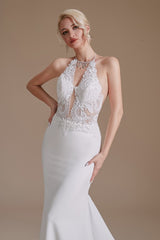 Long Satin Wedding Dress with Elegant Mermaid Halter and Backless Lace Appliques