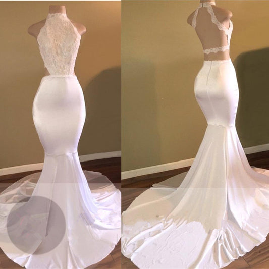 Beautiful White High Neck Lace Appliques Prom Dress Mermaid Long