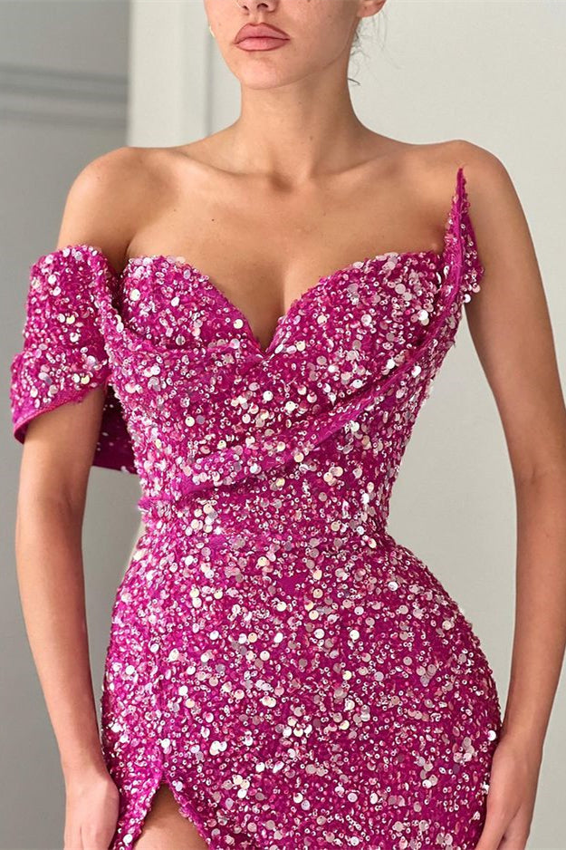 Charming Purple Off-the-Shoulder Sequins Prom Dress Mermaid Long With Split
