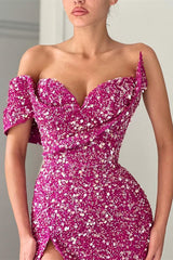 Charming Purple Off-the-Shoulder Sequins Prom Dress Mermaid Long With Split