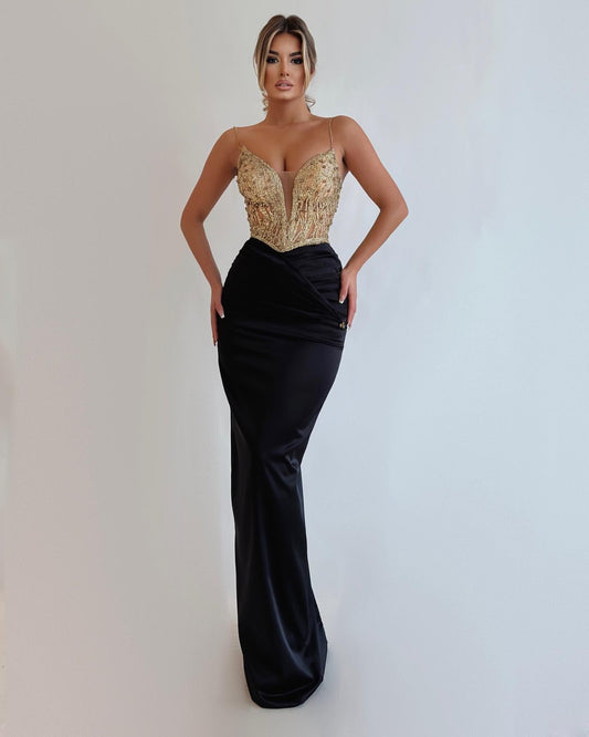 Classy Black Spaghetti-Straps Prom Dress Mermaid Sleeveless With Beads