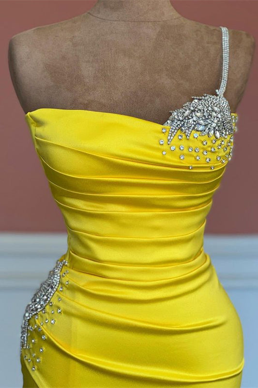 Gorgeous Yellow One Shoulder Mermaid Prom Dress Beadings With Split