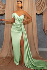 One Shoulder V-Neck Spaghetti-Straps Beads Mermaid Slit Prom Dress with Ruffles