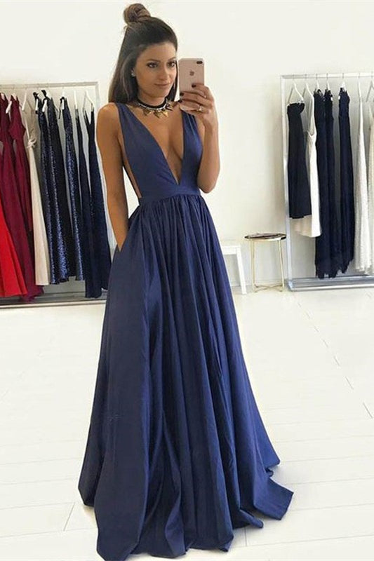 Stunning Deep V-Neck Sleeveless Long Prom Dress With Pockets