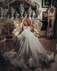 Long A-line Vintage V-neck Wedding Dress Featuring 3D Floral Lace