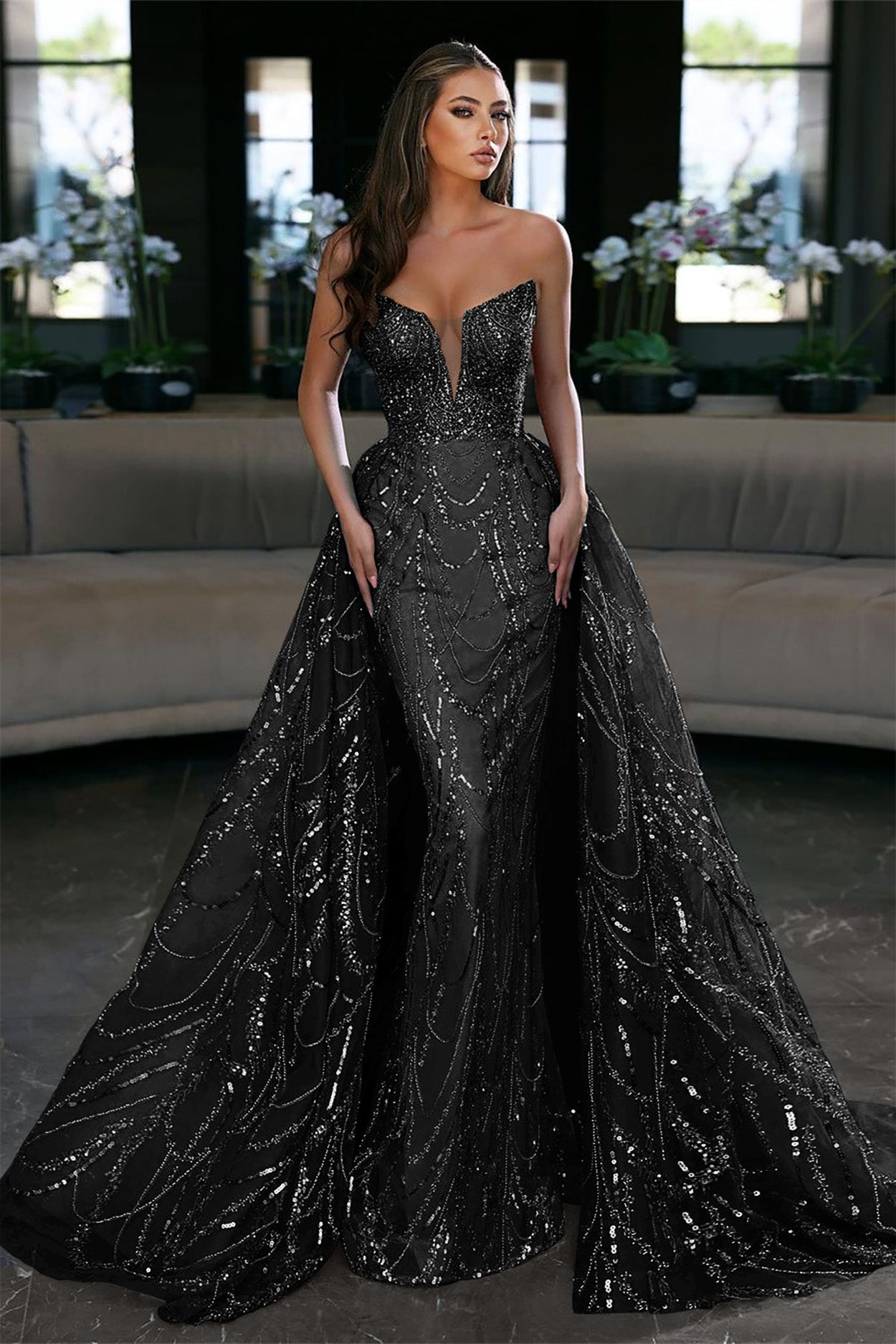 Glamorous Ocean Blue V Neck Strapless Prom Dress with Sequins
