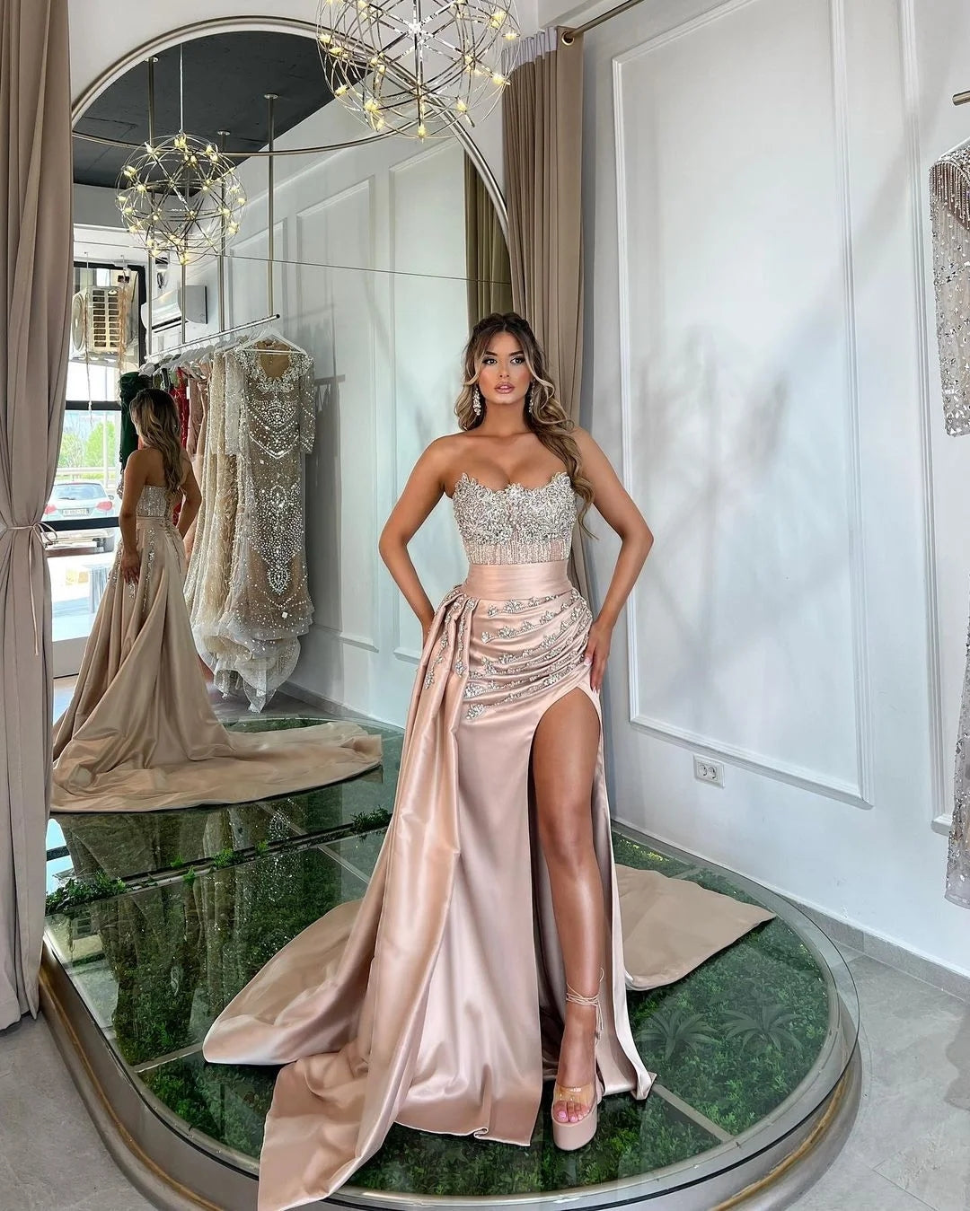 Elegant Lotus Root Pink Sleeveless Beaded Prom Dress with Front Slit & Trail