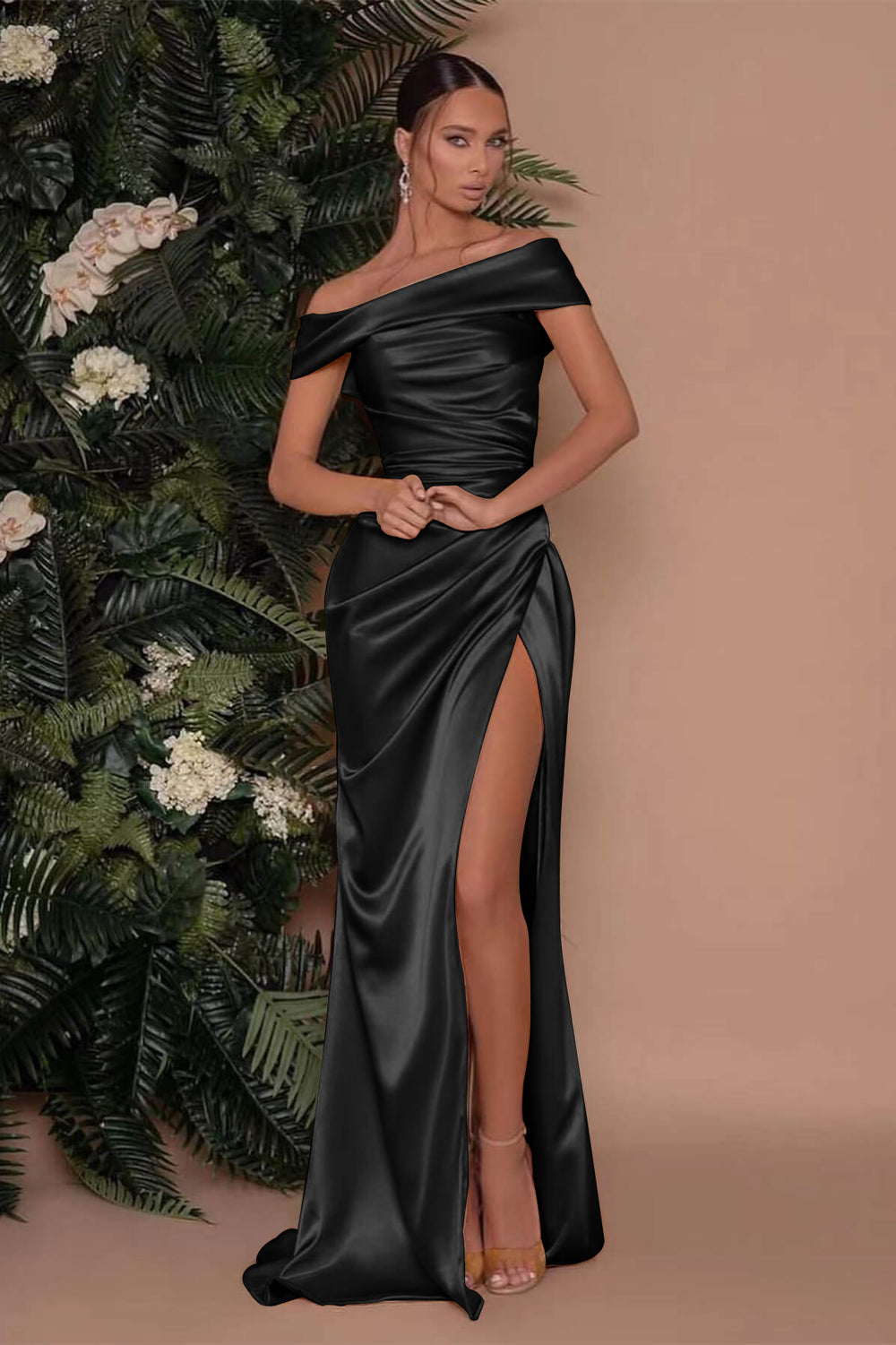 Champagne Off the Shoulder Charmeuse Prom Dress Split Mermaid