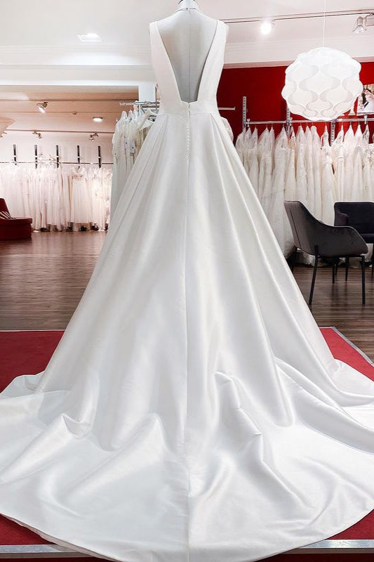 Elegant V-Neck A-Line Long Satin Wedding Dress Featuring Ruffles and Open Back