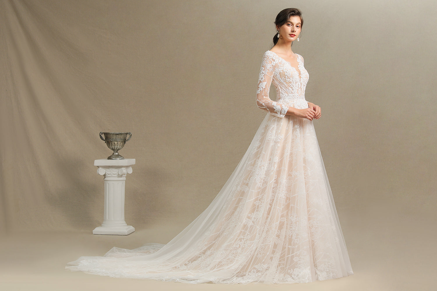 Elegant Long-Sleeve Illusion Wedding Gown in Sheer Tulle with Lace