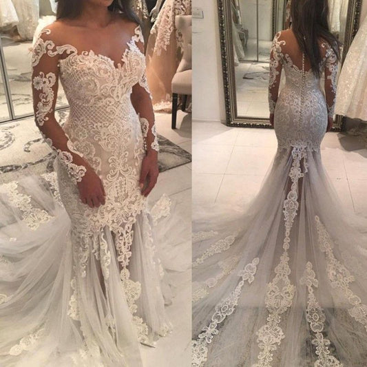 Mermaid Wedding Dress with Off-the-Shoulder Long Sleeves, Beads, and Lace Appliques