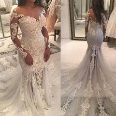 Mermaid Wedding Dress with Off-the-Shoulder Long Sleeves, Beads, and Lace Appliques