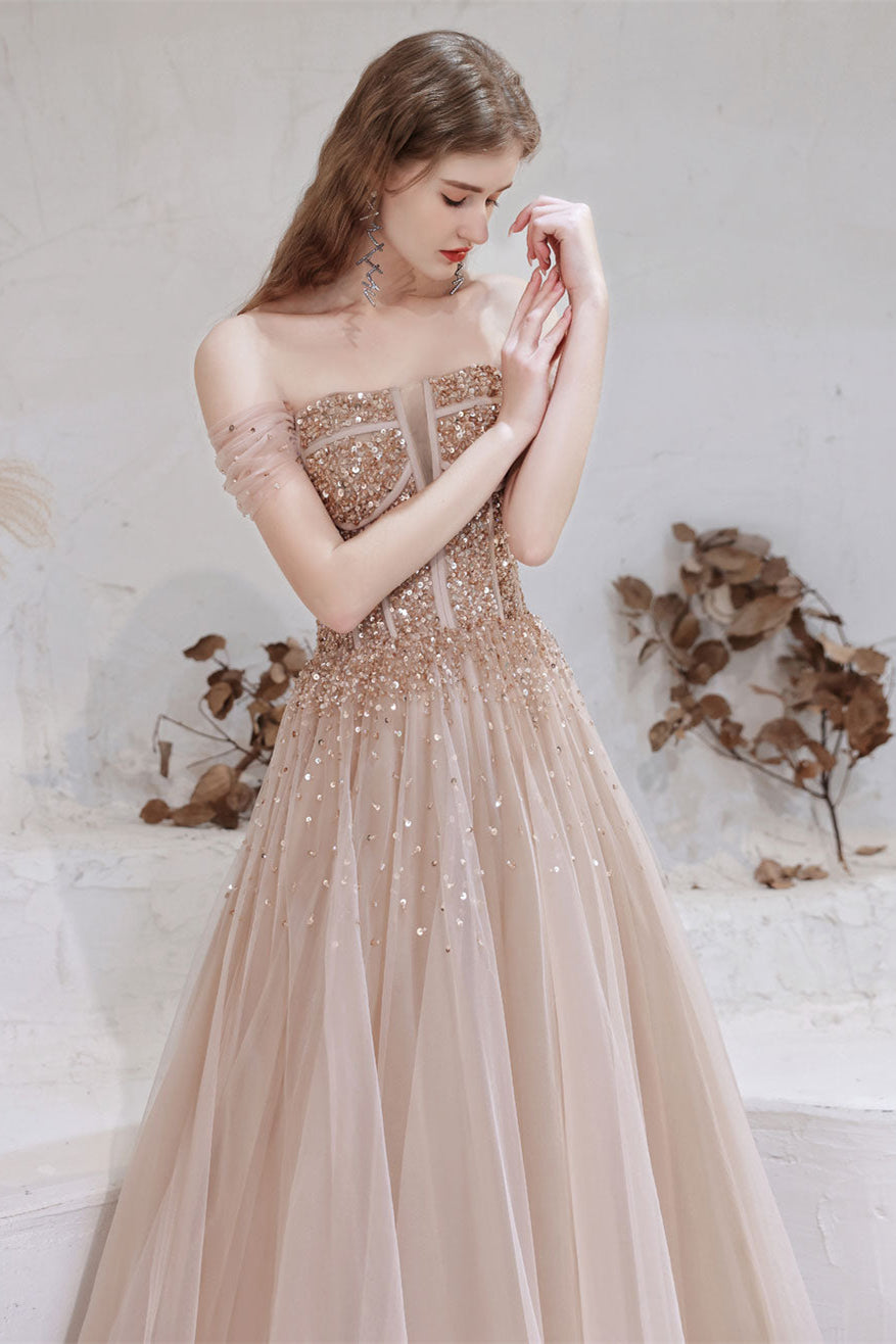 Gorgeous Off-the-Shoulder Tulle Prom Dress With Sequins Lace-Up