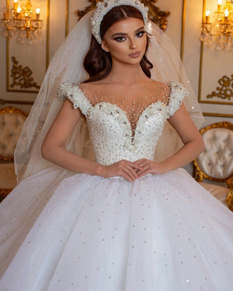 Elegant Off-the-Shoulder Princess Wedding Dress with Beaded Pearl Tulle
