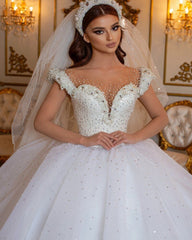 Elegant Off-the-Shoulder Princess Wedding Dress with Beaded Pearl Tulle