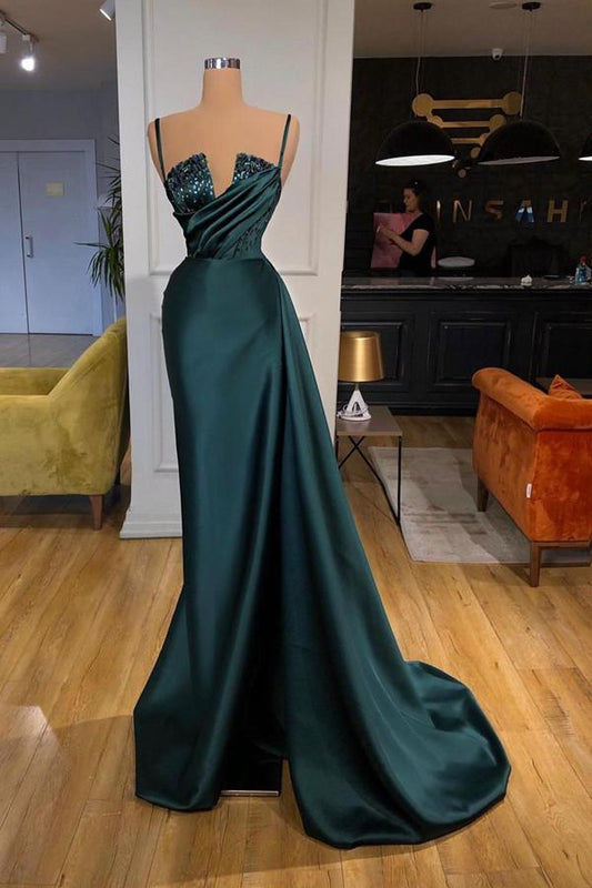 Spaghetti-Straps Mermaid Prom Dress Crystal Long Party Gowns