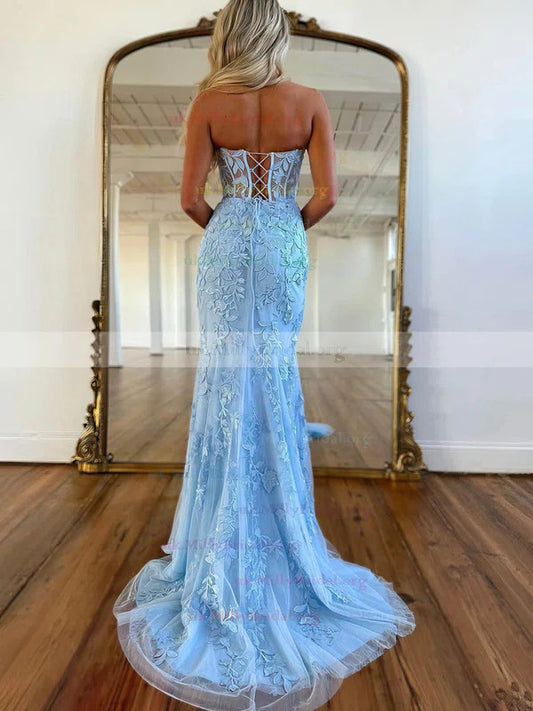 Baby Blue Mermaid Tulle Prom Dress V Neck Backless With Lace Printing
