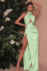  Halter High Split Mermaid Evening Dress Sleeveless Pleated