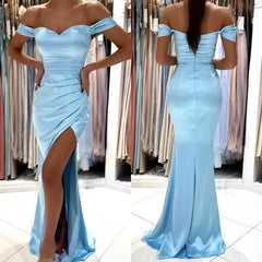 Stunning Sky Blue Off-the-Shoulder Prom Dresses Mermaid Long With Slit