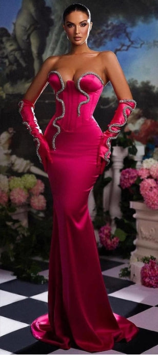 Pink Strapless Mermaid Beaded Prom Dress Long with Gloves
