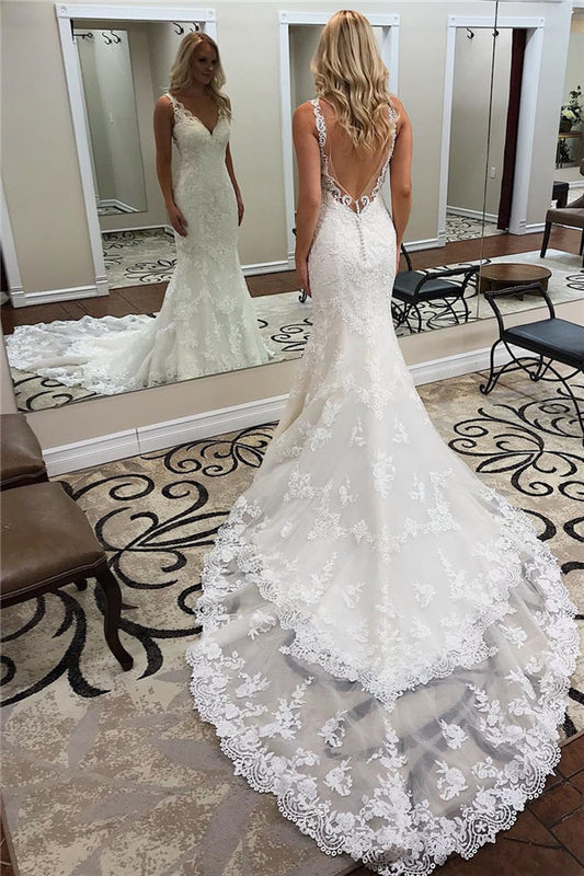 Elegant V-Neck Mermaid Wedding Dress with Backless Train and Appliques