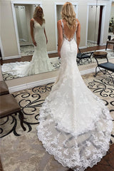 Elegant V-Neck Mermaid Wedding Dress with Backless Train and Appliques