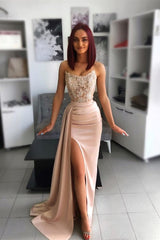 Chic Pink Evening Prom Dress with Applique Belt Slit Hollowing Out